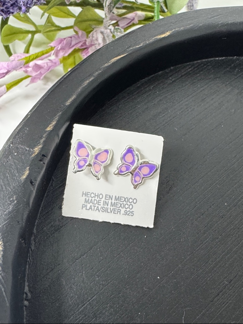 Purple Enamel Butterfly Silver Stud Earrings